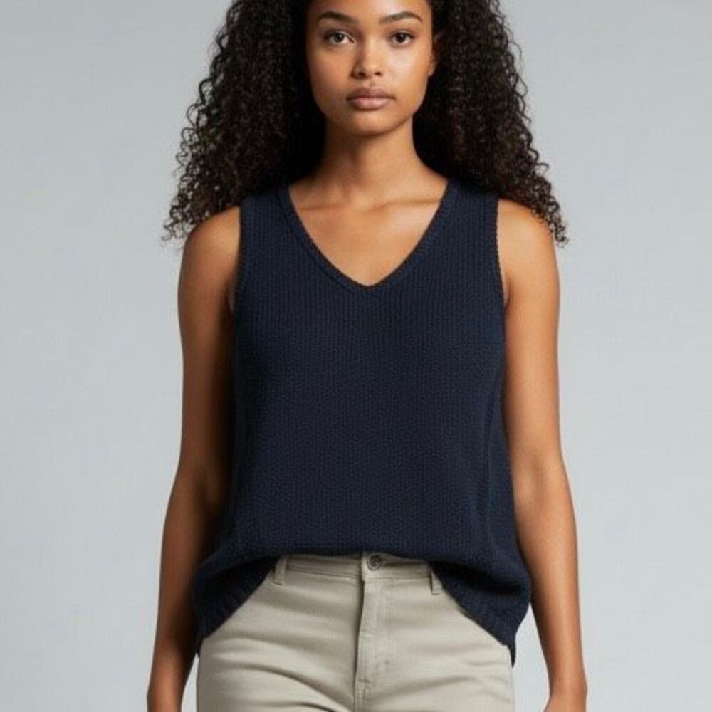 Quinn S Navy Blue High-low Knit Sleeveless Top Luxury Preppy Boho Retro Chic